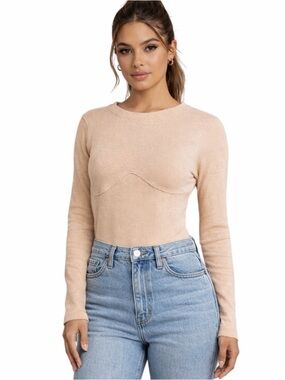 Missguided Tan Ribbed Bodysuit Crewneck Size 2 Minimalist